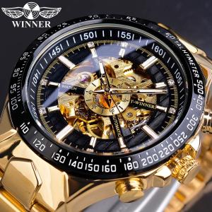 WINNER watch diamond hollow dial fashion black gold automatic watch stainless steel luminous mens business mechanical watch