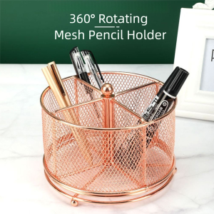 MMLUCK โลหะ 360 °   ที่ใส่ดินสอแบบตาข่ายหมุนได้ แบบเจาะรู 4 ช่อง ถังเก็บแปรงแต่งหน้า ประหยัดพื้นที่ ใช้งานได้หลากหลาย ที่วางดินสอเขียนคิ้ว ของใช้สำนักงาน/โรงเรียน