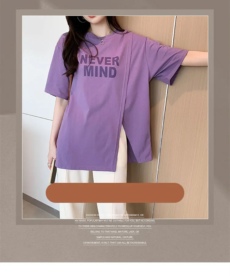 Purple and White T-shirt for Women Korean Style Round Neck Slit