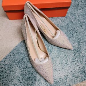 ẢNH THẬT / KEM / QCCC - Giày Cao Gót Mũi Nhọn Đính Đá Gót Guốc 5 Phân - HÀNG QUẢNG CHÂU CAO CẤP 6518