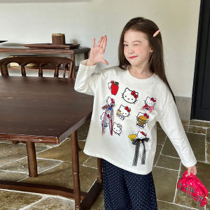 TUmama เสื้อยืดลายพิมพ์แขนยาวการ์ตูนแมวลูกแมวน่ารักสำหรับสาวหวานดีไซน์