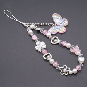 HBESTY Korean Lovely Pink Bowknot White Beaded Phone Chain Charm Lanyard For iPhone For Samsung Universal Accessories Jewelry Pendant