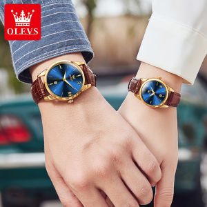 2Pcs/Set OLEVS Fashion Couple Lover Mens Womens Watches Top Brand Luxury Men Women Leather Quartz Waterproof Watch For Male Female Auto Date Luminous Rose Gold Shell Business Wrist Watches 2865