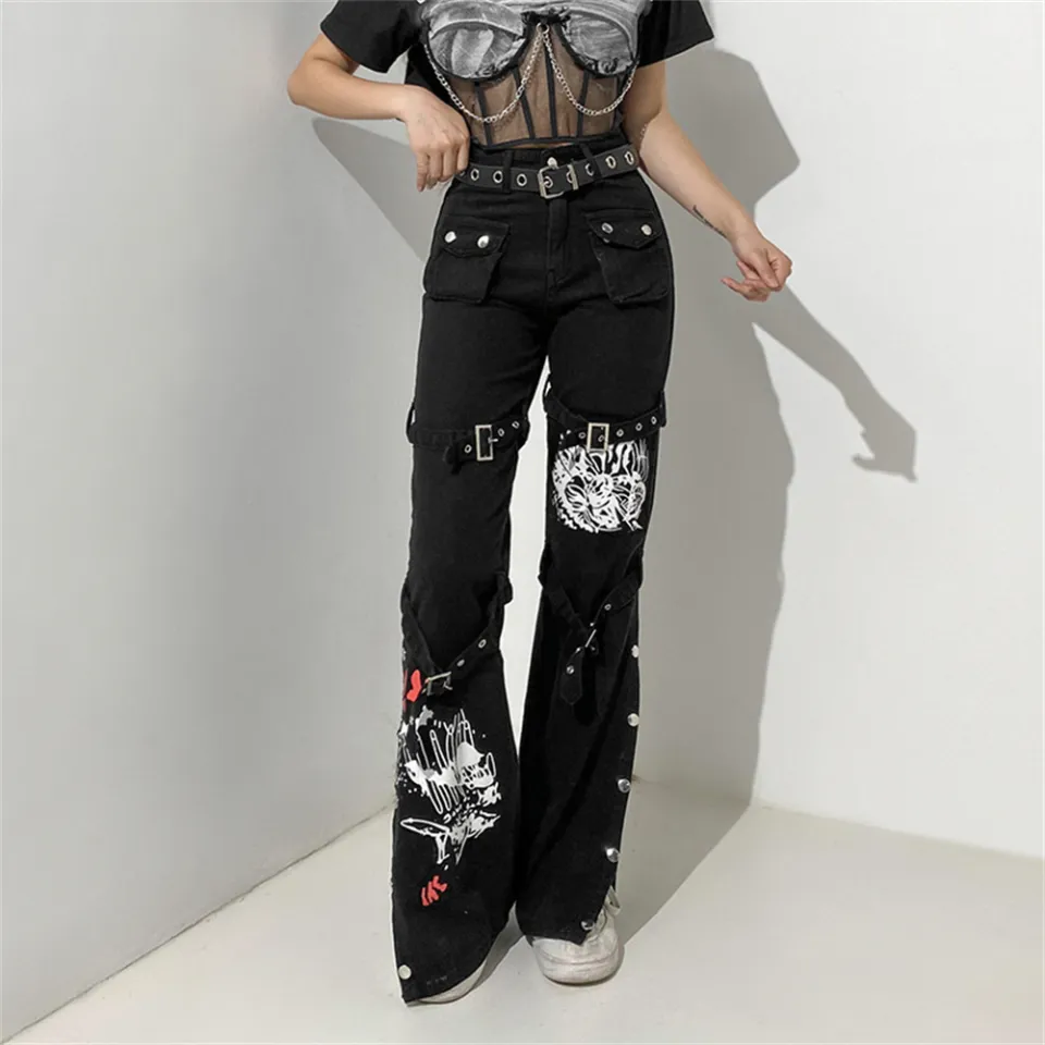 Punk Wide Leg Pants Women Techwear Emo Alt Grunge Cargo Jeans