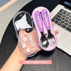 Food Grade 304 Stainless Steel Cute Sanrio Spoon Fork Set Baby Food Supplement Portable Tableware Set Eating Spoon