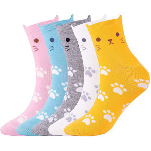 5 Pairs Womens Cat Ear & Paw Cotton Crew Socks Cartoon Animal Kawaii Print Colorful Fashion Cute Socks for Ladies