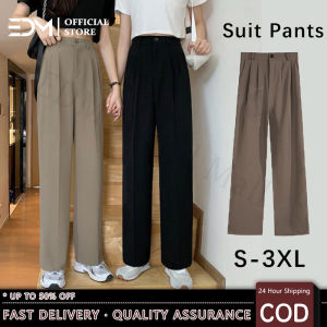 EDM【Delivery in 24hours】Suit Pants for Women High Waist Slimming Elastic Waist Vertical Korean Wide Leg Pants womens trousers Plus Size S-3XL
