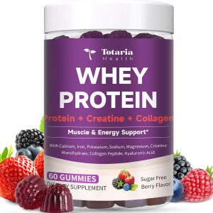 Totaria 3-in-1 Whey Protein Gummies with Creatine & Collagen - Sugar-Free Muscle & Energy Support Supplement with Hyaluronic Acid - Berry Flavor 60 Gummies