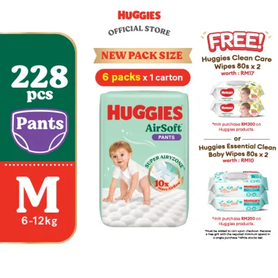Huggies AirSoft Pants Diapers M38 / L30 / XL26 / XXL20 (6 packs) - Breathable and Soft Premium Diapers for Baby