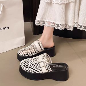 [Free Shipping] Thick-Soled Height-Increasing Closed-Toe Slip-On Sandals For Women Perfect For Summer Wear 2026 New Style Fishnet Design