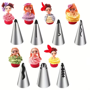 Stainless steel cupcake piping tips set with 8 different nozzle designs for creating decorative icing patterns on cupcakes.