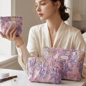 PHANT Polyester 3D Embossed Floral Makeup Bag Portable Large Capacity Storage Pouch Handheld Multi-size Travel Toiletry Organizer Outdoor