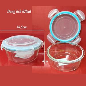Hộp thủy tinh tròn 620ml nắp ron silicon khóa cài kín hơi đường kính hộp 15cm cao 6cm. V833