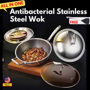 [BUY 1 FREE 1] SSGP 30cm 32cm Non-stick Food Grade Antibacterial Stainless Steel Wok with Steamer Tray and Lid