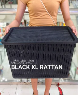 ASHH BLACK XL RATTAN WOVEN BASKET STORAGE ORGANIZER PLASTIC WITH COVER
