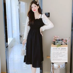 2023 Baru Gaya Korea Mode Leher Persegi Gaun Midi Untuk Wanita Musim Semi Musim Panas Dan Musim Gugur Khaki Hitam Jahitan Renda Sifon Gaun Kasual A-Line