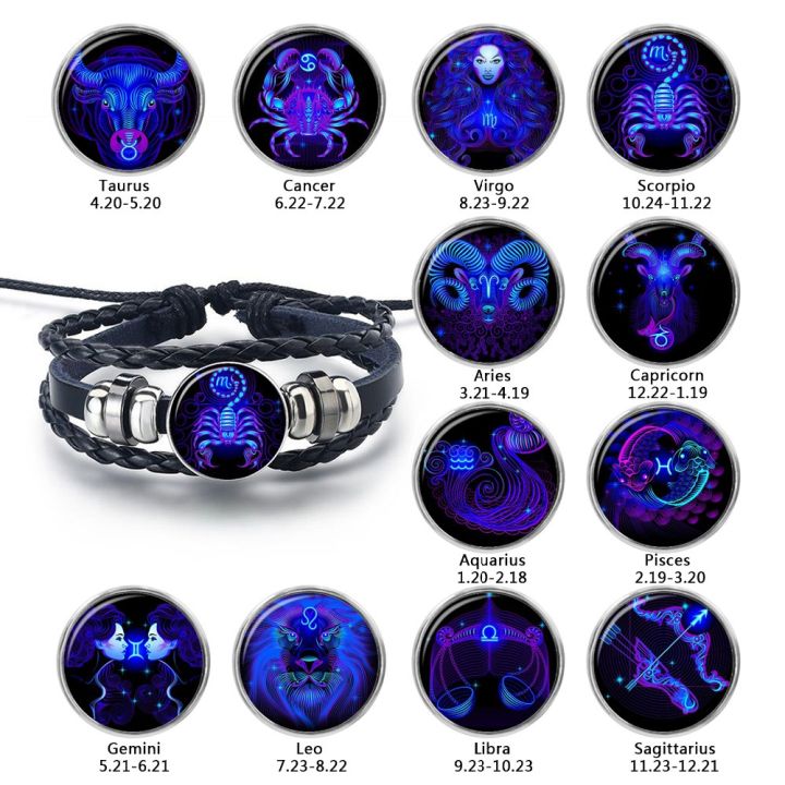 12 Constellation Zodiac Sign Black Braided Leather Bracelet Cancer Leo ...