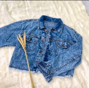 One Set Jaket Jeans Snow - Jaket Crop Wanita Jaket Jeans Wanita One Set Celana