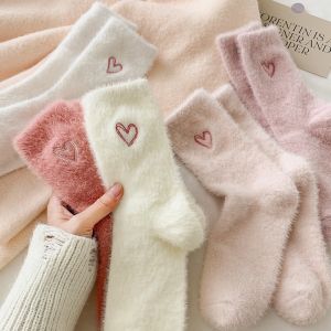 Fluffy Mink-like Mid-Calf Socks for Women with Embroidered Heart Design Warm and Soft Autumn/Winter Sleep Socks