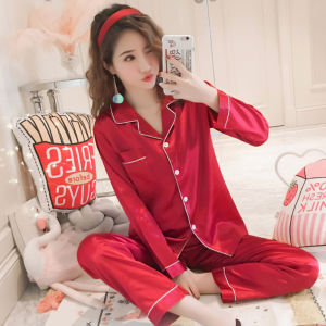 Korea Women Ice Silk Pajama Set Long Sleeve Loose Sleepwear Set V-Neck Nightwear Two Piece Set Plain Homewear Loungewear