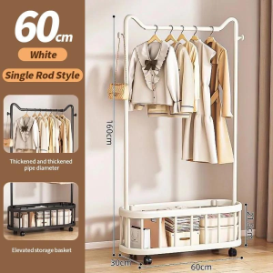 Double-Layer Rolling Clothes Rack with Bottom Storage Basket Portable Garment Rack with Wheels Metal Simple Modern 60cm/80cm/100cm White/Black Laundry Accessory Compact & Versatile Sizes Ideal for Office Living Room or Bedroom - Shelf Hangable