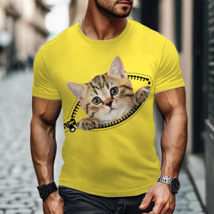[Local Stock] VCC Funny 3D Cartoon Cat Pattern Mens T Shirt Casual Round Neck Short Sleeve Tops Summer Breathable Loose Tees Fashion Men Clothing