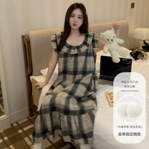 Sweet Flutter Sleeve Nightgown with Chest Padded Woman Girls Summer Striped Cloud Cotton Long Sleep Wear Dress Casual Home Clothes Can Be Worn Outside