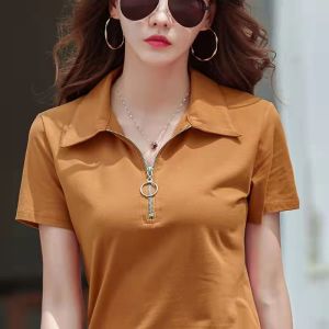 เสื้อโปโลผ้าฝ้ายคอวีแขนสั้นสำหรับผู้หญิงเสื้อยืดผู้หญิงเสื้อเบลาส์แฟชั่นทรงหลวมพิเศษผ้าคอตตอน100% ลำลองมีซิปสีเขียวสไตล์เกาหลีขนาด100กก. สำหรับผู้หญิงอ้วน