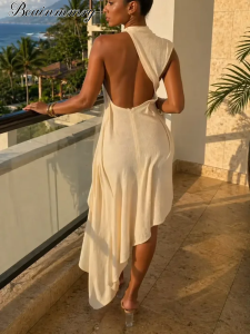 Elegant Solid Sleeveless Midi Dress Fashion Draped High Neck Waist Cinched Dresses 2026 Summer New Lady Evening Party Gowns2026