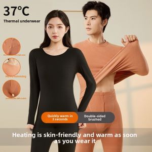 Solid Color German Fleece Thermal Underwear Set Womens Base Layer Fleece-lined Thickened Double-sided Brushed Heat-generating Autumn Underwear Mens Thermal Clothing