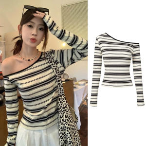 Women Off Shoulder Long Sleeve Top Korean Fashion Slim Fit Casual Striped T-Shirt