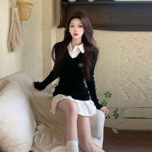 Polo Shirt Fake Two-Piece Simple Color Matching Long-Sleeved Casual Female Student Suit Skirt