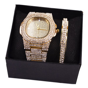 CLIBER Free Box Hip Hop Punk Watch Set Diamond Steel Band Watch+Chain Diamond Bracelet