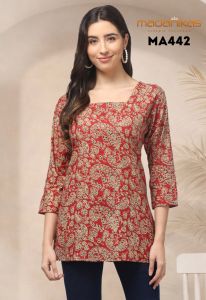 Madanikas Women’s Floral Cotton Short Kurti – 3/4 Sleeves Casual Wear MA Series