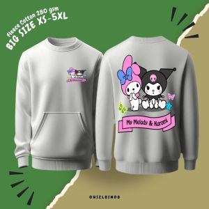 Hoodie Jumper HSCLO Cartoon Kuromi & My Melody Warna Putih Bahan Fleece Jaket Lengan Panjang Ukuran Jumbo Big Size XS S M L XL XXL 3XL 4XL 5XL