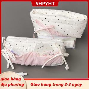 [COD] SHPYHT Giao hàng địa phương Dễ thương Polka Dot Bow bút chì trường hợp màu trắng với màu hồng phụ kiện công suất lớn dây kéo bút chì Túi sinh viên văn phòng phẩm đồ dùng học tập