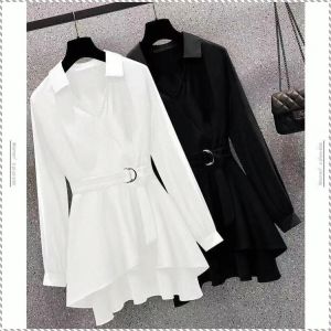 Womens Shirts Age Reduction Shirt Black Fashion Slimming Cover Up Flesh Short-sleeved Irregular Hem