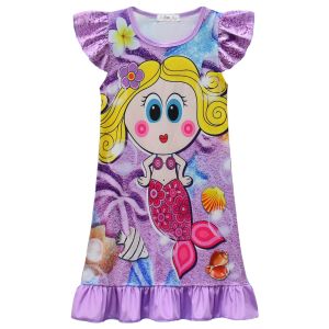 {Sweet Baby} Cartoon Mermaid Princess Pajama Dress For Kids Girl Crew Neck Short sleeve Summer Nightdresses Loose Clothing  For 3 4 5 6 7 9 10  yrs