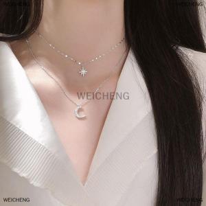 [COD] WEICHENG Fashion Simple Double Layer Star Moon Pendant Necklace Light Luxury Inlaid Clavicle Chain For Women Fashion Jewelry