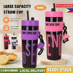 【Hot Sale】900ml Large Capacity Water Bottle With Straw Portable Plastic Bottle Straw Cup Leakproof Non-Toxic Sports Bottle For Gym Fitness Camping Travel BPA Free【xlmi】