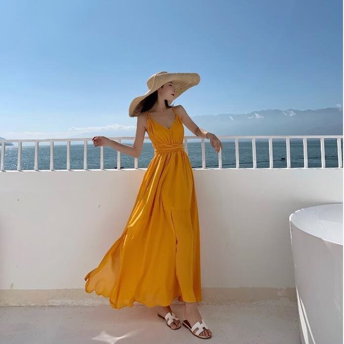 CÓ SẴN] Váy đầm maxi dài cổ V tay ống loe đuôi cá rộng họa tiết lá đỏ thời  trang đi biển đi làm hè thu 2020 | Shopee Việt Nam