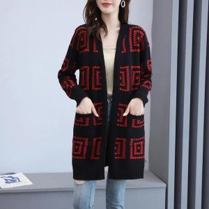 Women Jacket Sweater Long Sleeves 2022 Autunm and Winter New Fashion Plaid Cardigan Knitted Shirt Western Style Loose Casual Mid Length Coat