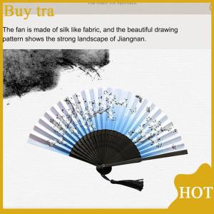 [Buytra] Chinese Silk Folding Fan Wooden Shank Classical Dance Fan Home Decoration