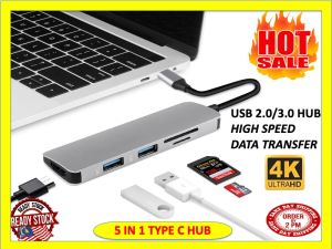 USB C Hub Multiport Adapter 5 in 1 Portable Space Aluminum 4K HDMI Output 2 USB 3.0 Ports SD/Micro SD Card Reader