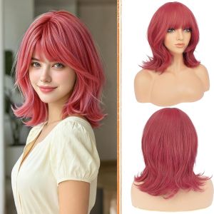 Haloo Blonde Short Bob Wigs with Bangs Shoulder Length Wavy Layered Flipped Ends Natural Looking Medium Synthetic Hair Wig for Women Daily Party 14 Inch Light Blonde