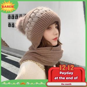 BAREN Womens Korean Hooded Scarf Winter Hats Woman Cold Protection Warm Scarf Hat Cute Fur Ball Ear Protection Thickened Knitted Hat