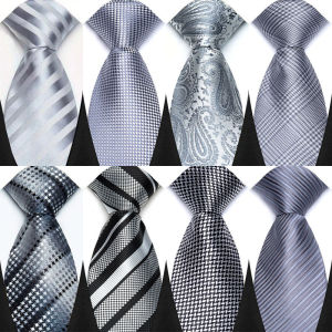 Classic 8CM Polyester Ties for Men Formal Business Silver Gray Paisley Stripes Dot Neckties Handmade College Shirt Neckwear