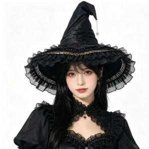 TWCEJE168 Lace Halloween Hat Star Pendant Satin Bow Wizard Cap Party Headwear Gothic Pointed Mage Hat Halloween Party
