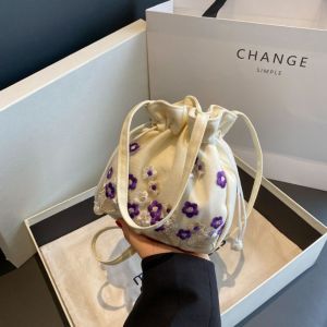 COLOO Ethnic Style Hanfu Drawstring Bag Chinese Shoulder Bag Embroidery Flower Handbag Portable Purse Floral Bucket Bag Ladies/Girls