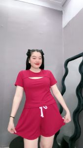 Set Đồ Bộ Bigsize Nữ Áo Thun Tay Ngắn Xẻ Ngực Và Quần Đùi Thun Chất Gân Tăm Co Giãn Mát Mẻ Bigsize Cô Nhỏ SXE